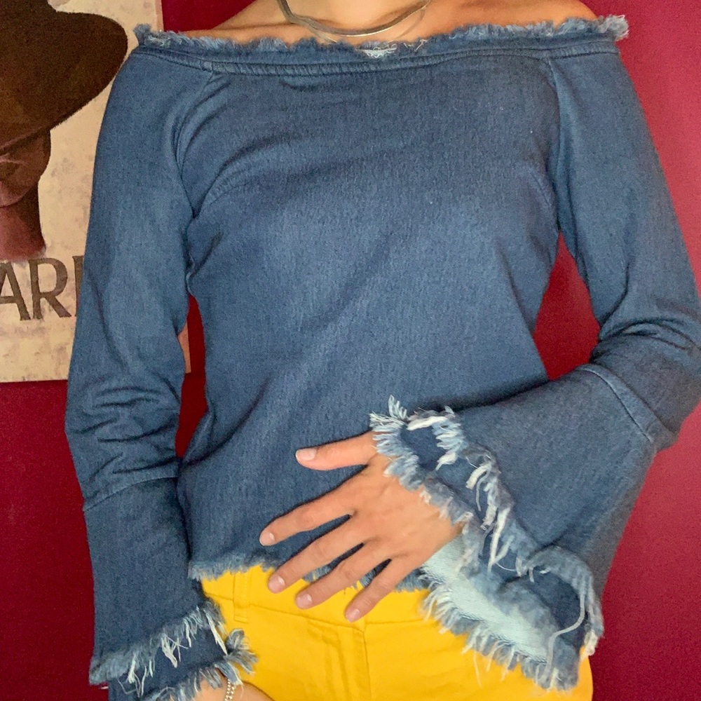 Off the shoulder jean shirt with flared sleeves